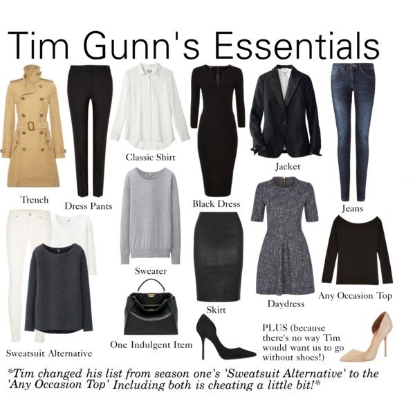the image is a collage of essential clothing items selected by tim gunn. it includes a trench coat, dress pants, classic shirt, sweater, an indulgent item (handbag), black dress, jacket, jeans, "any occasion top", a day dress, a skirt, a "sweatsuit alternative", and shoes. the text notes that tim gunn changed his list from season one, replacing "sweatsuit alternative" with "any occasion top," and added shoes.