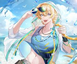 this image depicts an anime character with blonde hair and blue eyes. he is wearing sunglasses and has a playful smile on his face. he is dressed in a blue tank top and an open hooded jacket. the background shows an ocean and beach scene, suggesting a summer setting. water droplets are scattered around, adding to the refreshing atmosphere. he is also wearing a necklace and a wristband.