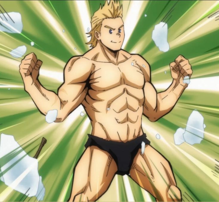 this is an animestyle illustration of a muscular male character, potentially from the popular manga and anime series my hero academia. he is blonde, has a ripped physique, a sixpack, and is flexing his biceps. the character is standing in front of a green and white background, possibly indicating a powerful energy or aura radiating from him. this image is likely part of a scene from the series.