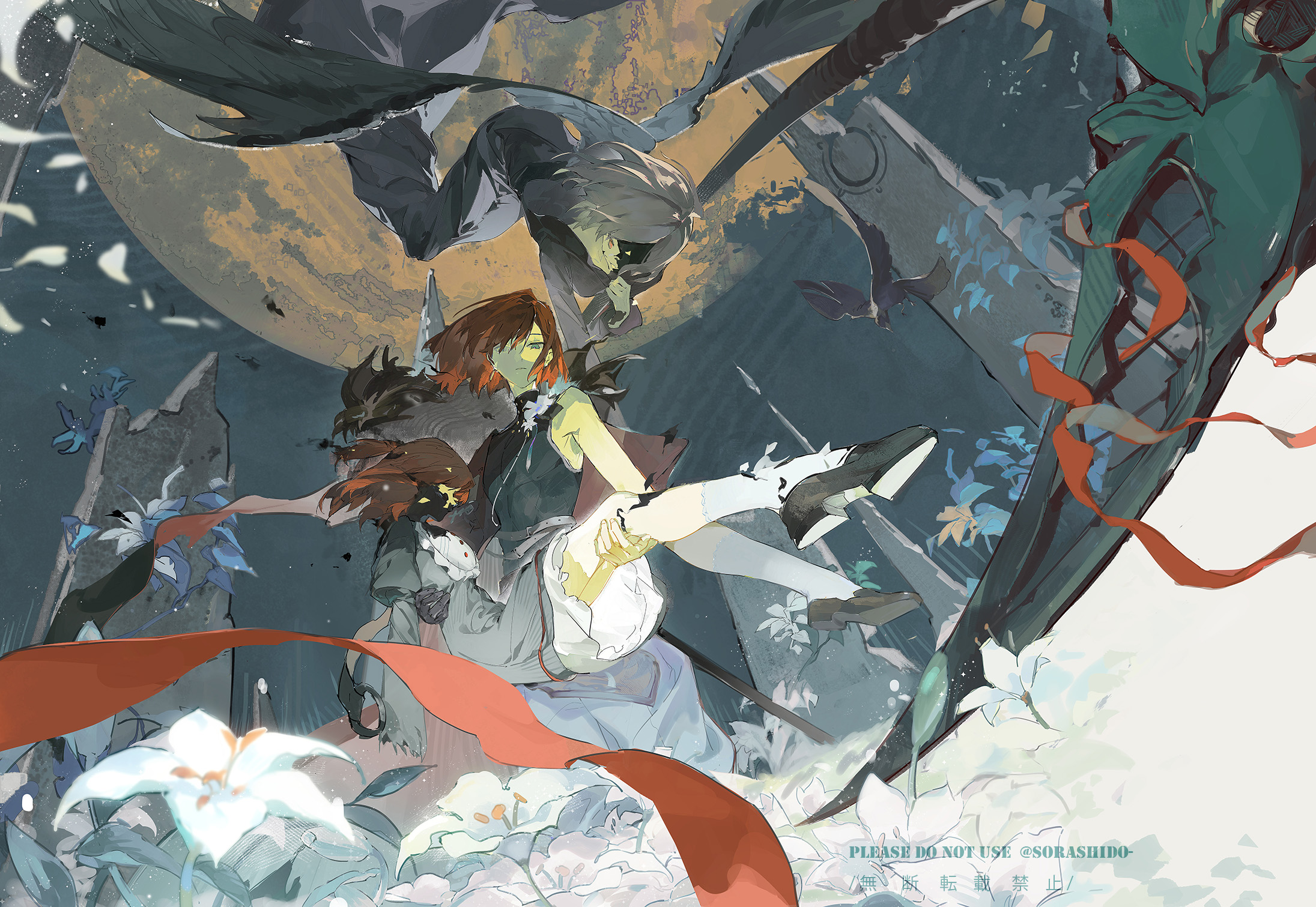 a digital illustration of an anime girl floating in the air surrounded by white flowers and a dark, shadowy figure. the background is a mix of blue and green, with clouds and a bright orange object that resembles a planet. the girl is wearing a white dress with a red sash and has long, brown hair. the shadowy figure is wearing a black cloak.