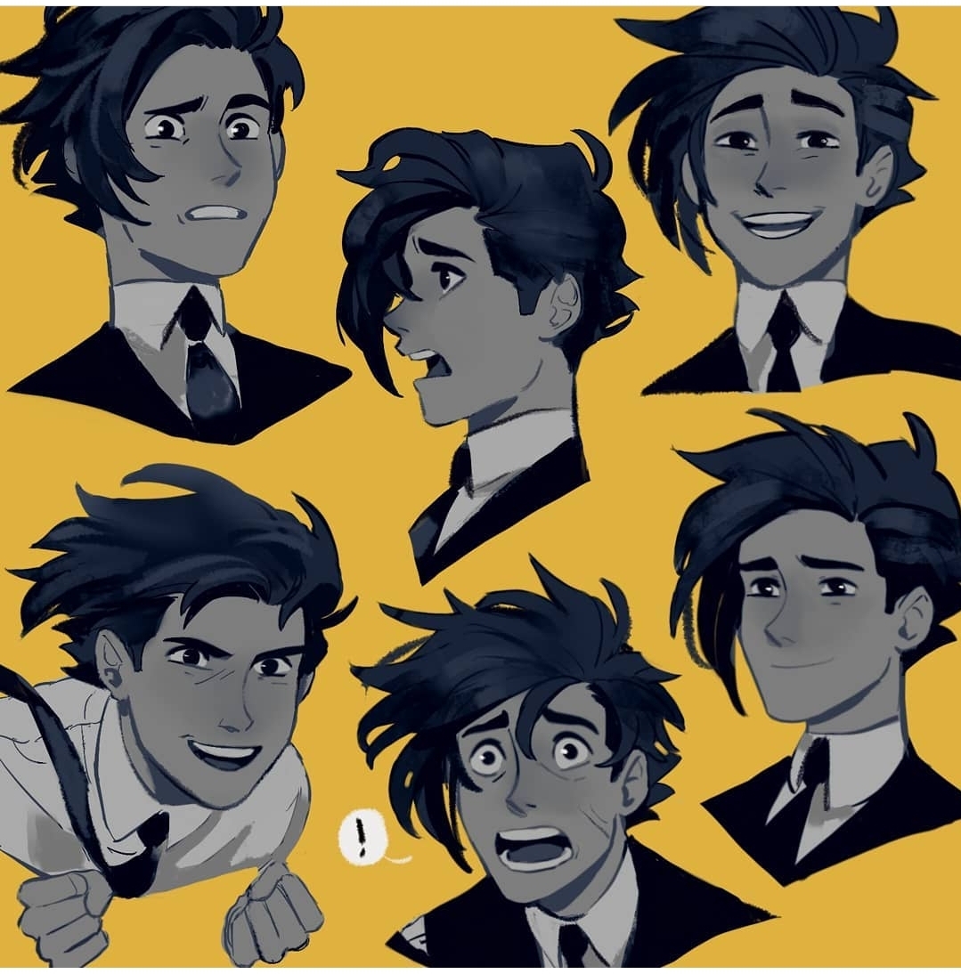 the image contains a collection of cartoon drawings of a male character with different facial expressions. he is depicted in various poses and angles, wearing a suit and tie. the background color is yellow. the drawings seem to be a character study.