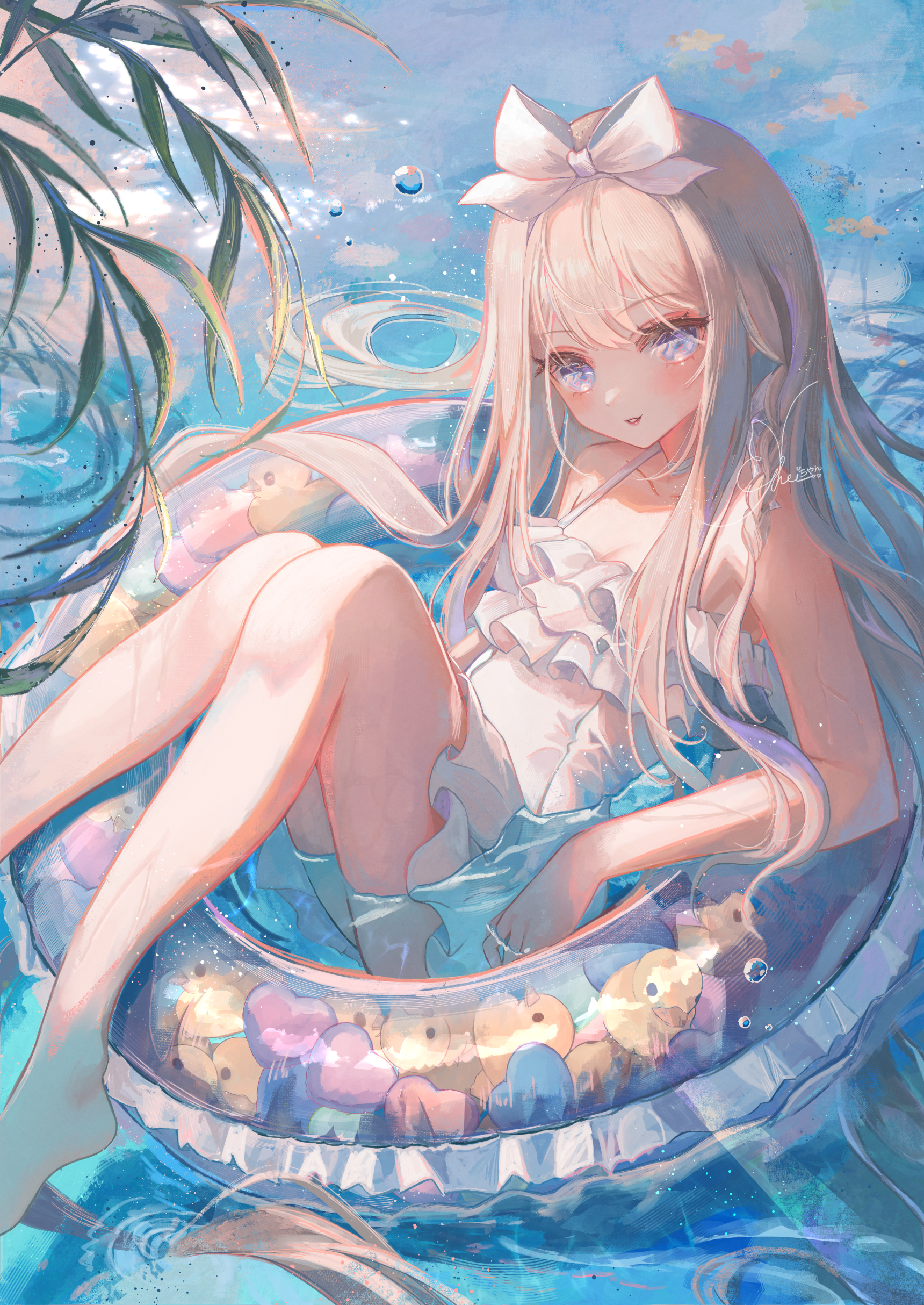 the image is a digital illustration of a cute anime girl with long blonde hair and a white swimsuit, floating on a pastelcolored inflatable ring in a swimming pool. the water is a light blue, and there are small, pastelcolored objects inside the ring. the girl has a bow in her hair, and her expression is sweet and peaceful. the overall style of the illustration is soft, dreamy, and kawaii. the background features some palm leaves and a suggestion of bright sunlight, adding to the summery atmosphere.