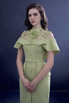 a young woman with long dark hair is wearing a beautiful green dress with floral lace detailing. the dress has a ruffled neckline and the bodice is cinched in at the waist. she is standing in a studio with a blue background.