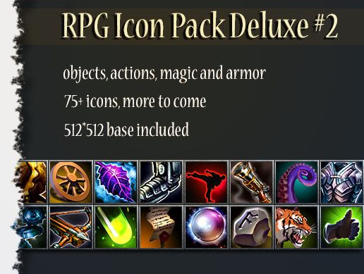 the image is a advertisement for an rpg icon pack deluxe #2. it includes 75+ icons with objects, actions, magic and armor. the icons are in a grid format, and are all 512512 pixels. the icons are themed around rpg games.