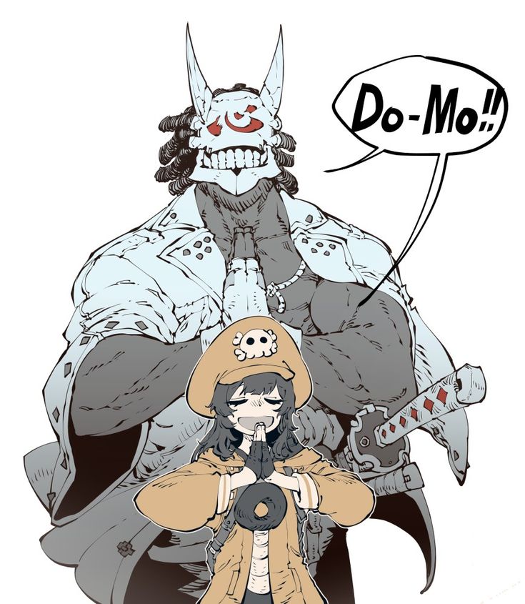 the image features two anime characters. the character on the left is a large, muscular demon with horns, a skull mask, and a white coat. the character on the right is a small, humanlike female with a hat with a skull on it and a brown jacket. the demon character is saying, "domo."  the female character is holding a sword with a red handle. both characters are standing in a fighting stance. the background is white.