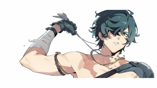 he image is a digital drawing of a muscular, shirtless animestyle male character. he has teal hair, and is wearing a bracelet and a glove. he holds a chainlike weapon in his hand.  the art style is detailed and features a slightly serious expression on the character's face. the background is plain white, focusing attention on the character. the overall impression is one of strength and determination, fitting a fantasy or game character.