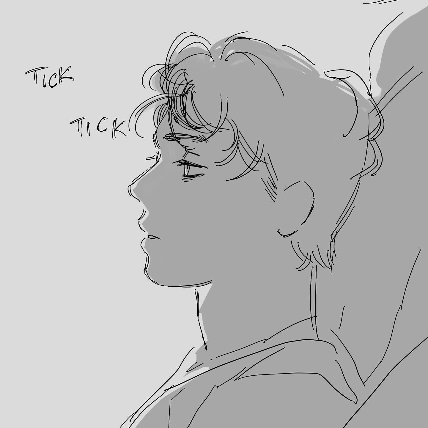 a grayscale sketch of a young man's profile. his hair is short and slightly messy.  his expression is calm and pensive, almost melancholic. the words "tick" appear twice in the top left corner, suggesting a sense of waiting or passing time. the style is simple and expressive, with minimal detail but strong lines. the background is a plain light grey.  the overall mood is serene but with a hint of underlying tension or introspection.