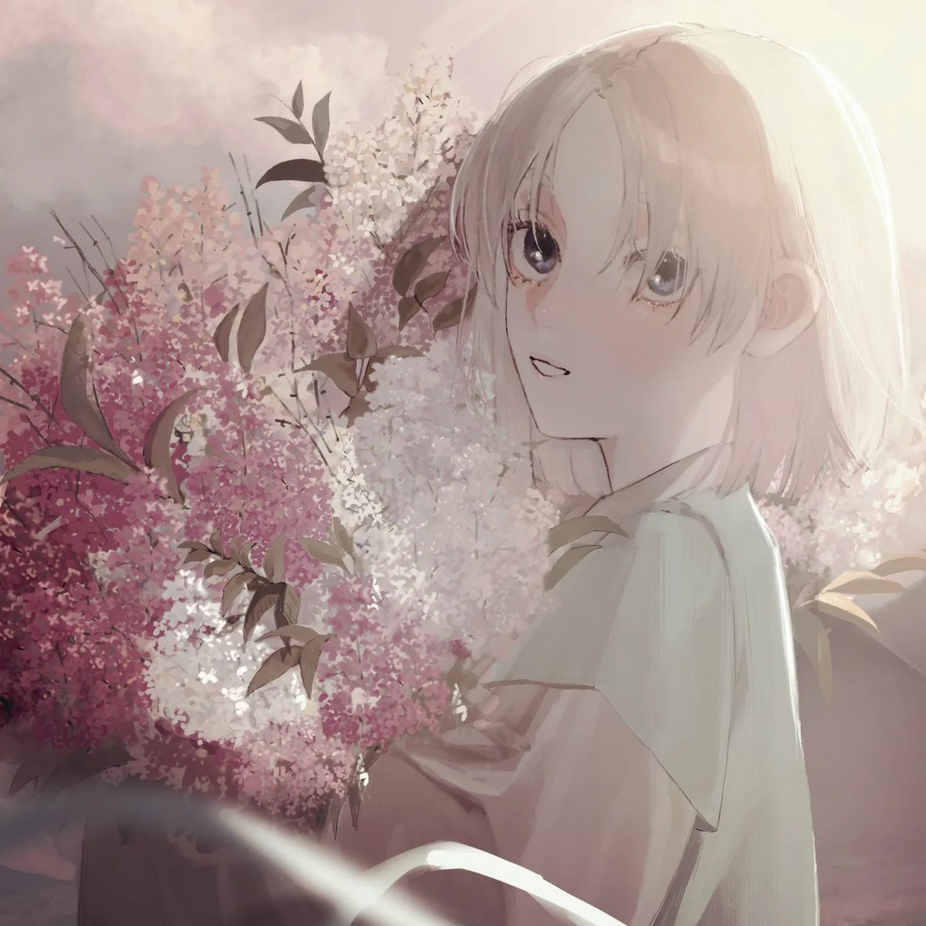 a digital art illustration of an anime girl with long blonde hair. she's standing near a bouquet of pink, white, and purple lilac flowers and smiling. the background is soft and pastel pink.