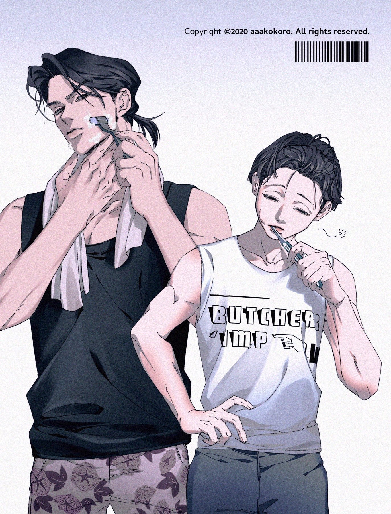 two men are standing next to each other. the man on the left is holding a razor and smiling while shaving. the man on the right is smiling and looking at the other man as he shaves. they are both wearing casual outfits. the man on the left is wearing a black sleeveless shirt and black shorts with a floral print. the man on the right is wearing a white tank top that says "butcher" on it. he is also wearing black pants.  the image is drawn in a cartoon style.