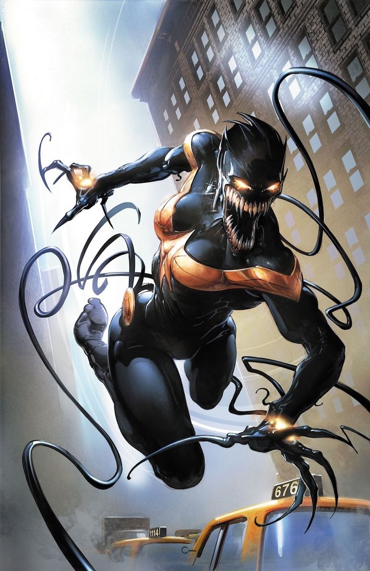 a female superhero with a black symbiote suit, glowing yellow eyes and fangs. she is posed in a dynamic stance with her claws extended. the background is a dark city alley, with buildings and a yellow taxi cab visible in the distance. the lighting is dramatic and shadowy, creating a sense of danger and excitement.