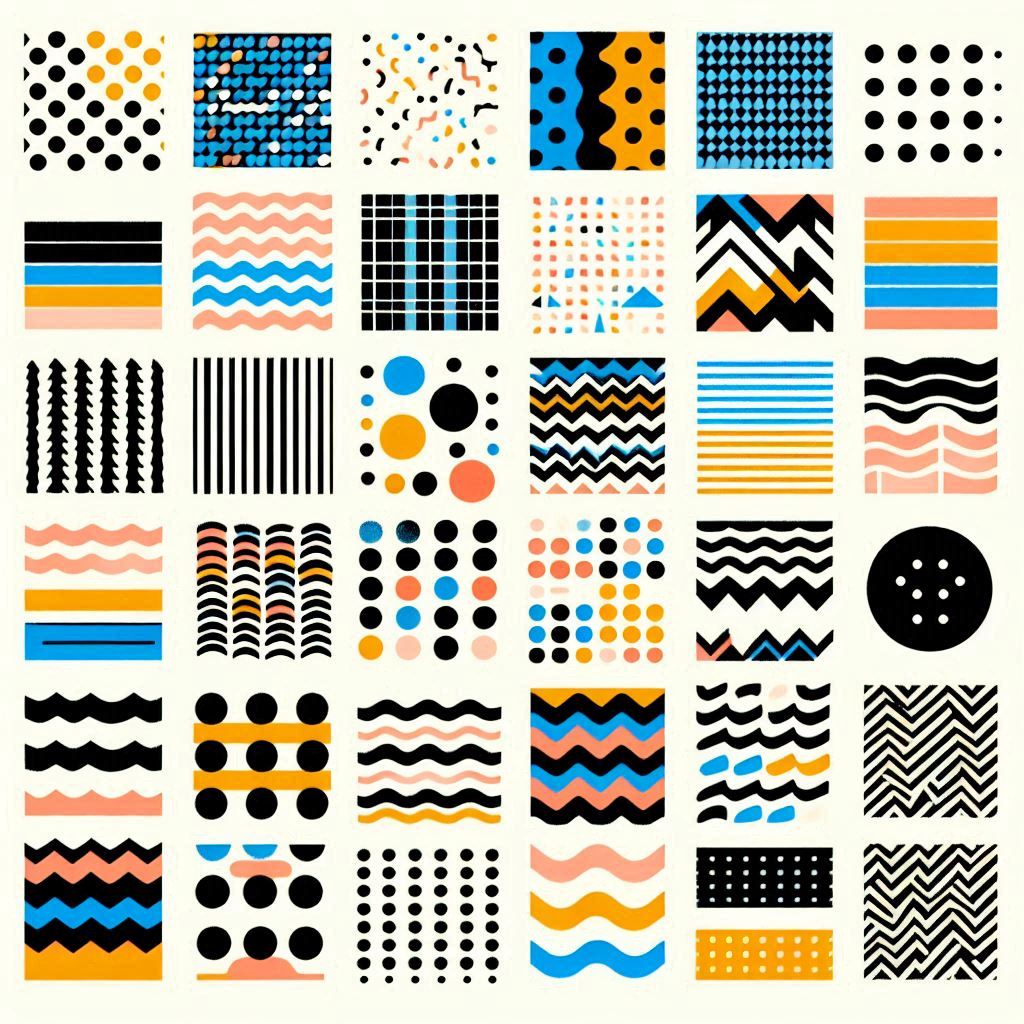 the image is a collection of 36 small squares containing various geometric patterns. the patterns are predominantly blue, orange, black and white and include dots, waves, stripes, and abstract shapes. they are arranged in a 6x6 grid on a light beige background.