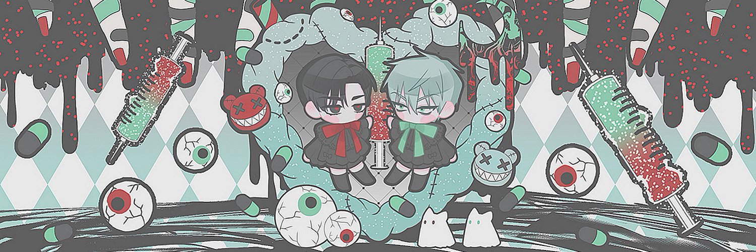 this image features two anime chibi characters dressed up in halloween costumes. the characters are a boy in a black dress with a red bow tie, and a girl in a green dress with a green bow tie. the characters are surrounded by spooky halloween imagery, including a syringe with a green and red liquid, an eyeball, a dripping blood heart, candy pills, ghosts and dripping blood.  the background is a black and white checkerboard pattern.