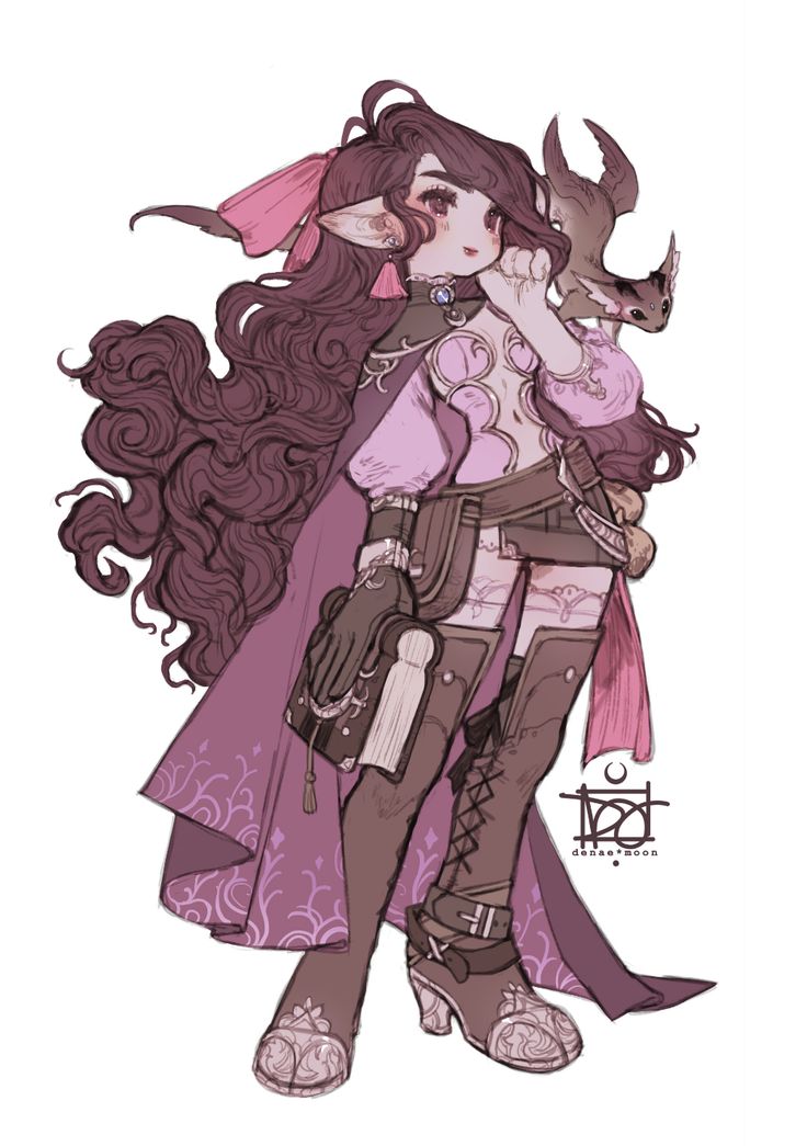 this is a digital drawing of a cute fantasy anime girl with pink hair, big eyes and a pink dress. she is wearing tall black boots and holding a book in her gloved hand. she is holding a small bird that looks like a squirrel in her other hand. she is surrounded by a purple glow and her hair is flowing in the wind. the art style is soft and whimsical, reminiscent of fantasy manga.