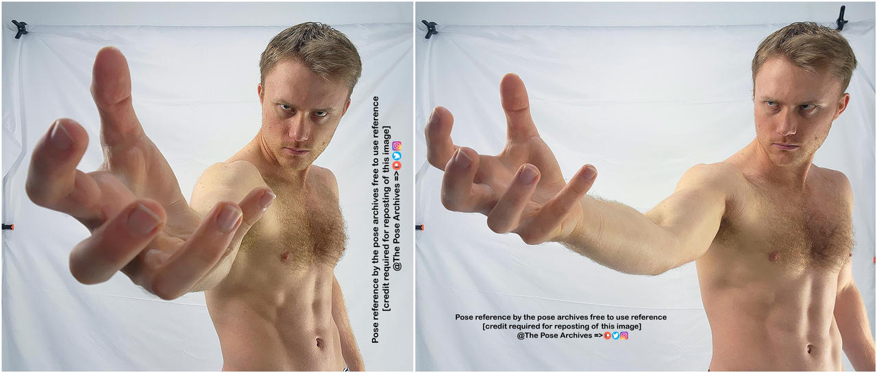 a shirtless man is shown in two similar poses against a white backdrop in a studio setting. he is reaching forward with his right hand, palm open, in a gesture of offering or receiving. the lighting is soft and diffused, highlighting his physique. this image is intended as a pose reference for artists.```