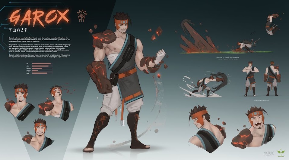 the image is a character design sheet for a character named garox. it features a detailed illustration of garox, a muscular male character with a determined expression. he's wearing a dark blue and orange  outfit, and his arms are covered with rocklike armor, indicating his earthbased powers. the image includes several poses of garox, showcasing his fighting style.  the image also features various details about the character, such as their stats, their  name, and a description of their background and personality. the overall style of the art is animeinspired, with a focus on dynamic action and dramatic poses.