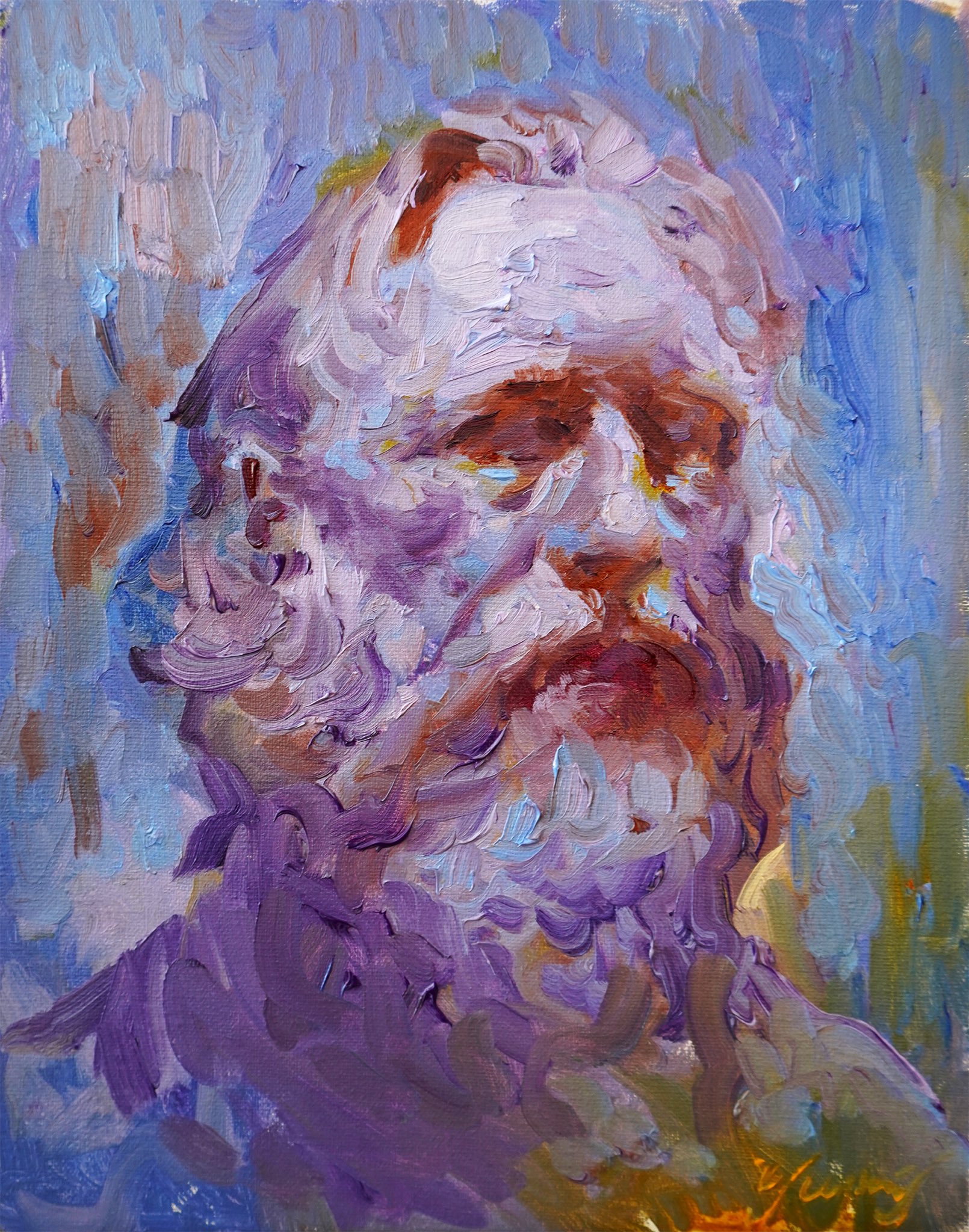 a closeup oil painting of an elderly man's face, captured in a palette of purple, blue and white. the subject has white hair and a thick white beard, creating a sense of age and wisdom. the painting utilizes abstract brushstrokes, giving a sense of dynamism and emotion to the piece. the background is a blend of soft blue and purple hues, creating a gentle and ethereal atmosphere around the subject.