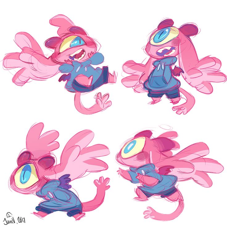 the image is a character design sheet featuring four variations of a cute, pink, cyclopslike creature.  the creature has large, winglike appendages on its back and wears a blue hoodie.  the style is loose and sketchy, indicative of concept art or character exploration. each pose depicts the creature in a slightly different position, showcasing different angles and expressions. the artwork is digitally created and has a vibrant, pastel color palette, conveying a playful and whimsical feeling. a signature, “jmil 2017,” appears in the bottom left corner.