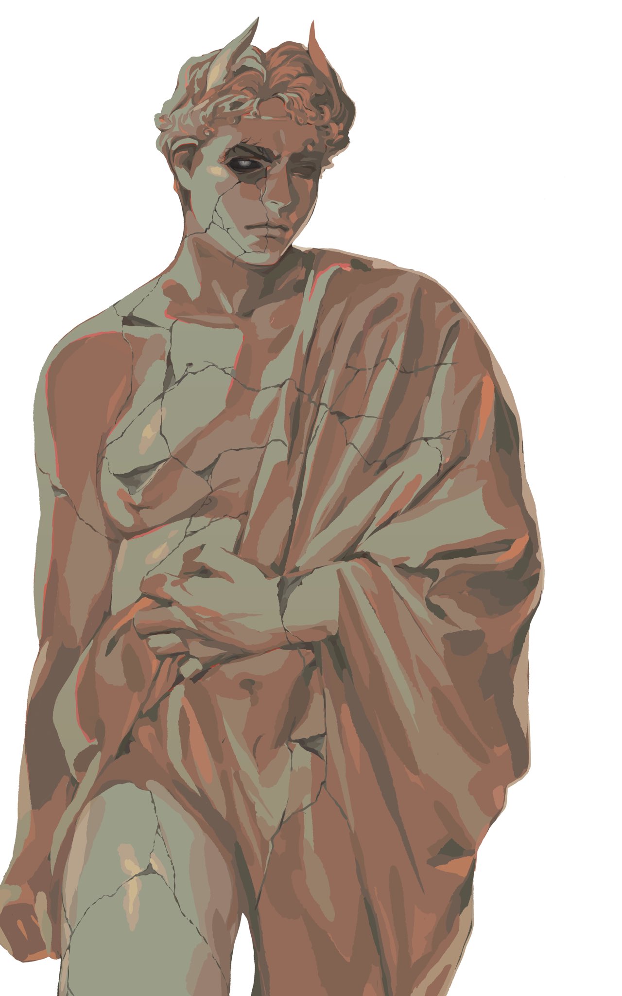 a digitally illustrated image depicts a male statue. the statue appears to be made of stone or clay, with visible cracks throughout the figure. he is partially draped in fabric, and has small horns emerging from his head. his eyes are dark and empty.