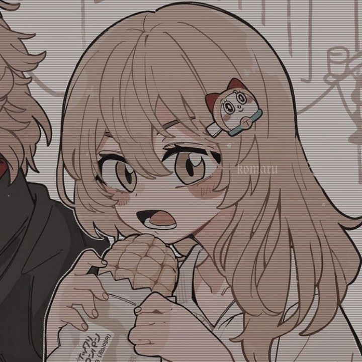 this image is a matching pfp set of an anime couple. the girl is on the right, and the boy is on the left. the girl has long blonde hair with a cute pink hair clip. she is wearing a white shirt and eating milk bread. the boy has black hair and is wearing a black shirt. he is looking at the girl. the background is a grainy filter with a light brown and beige color scheme. the couple's expressions are happy and loving. the image is a sweet and cute depiction of an anime couple.