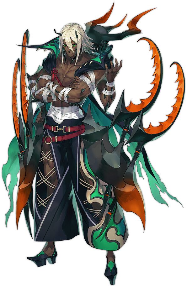 this illustration is a male character with horns and wings that has a serious expression. he is wearing a black and green cloak with a dark orange belt and shoes. the background is white.