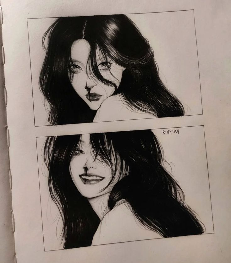 he image contains a twopanel ink drawing of a woman with long, dark hair. the style is reminiscent of anime or manga, with expressive eyes and a detailed rendering of the hair.  the woman's expression is somewhat melancholic or mysterious. the artwork is in black and white, creating a strong contrast and a moody atmosphere. the artist's signature "rinkiwj" is visible in the second panel. the drawings are presented as if they are panels from a comic book or graphic novel.