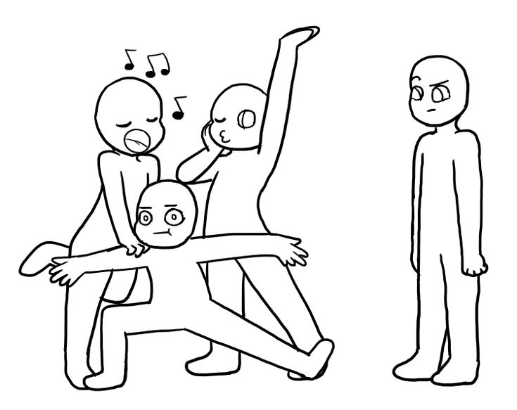 a black and white drawing of four people in a basic outline form. the figure on the right is standing alone, while the other three are interacting. there are musical notes around the figures on the left.