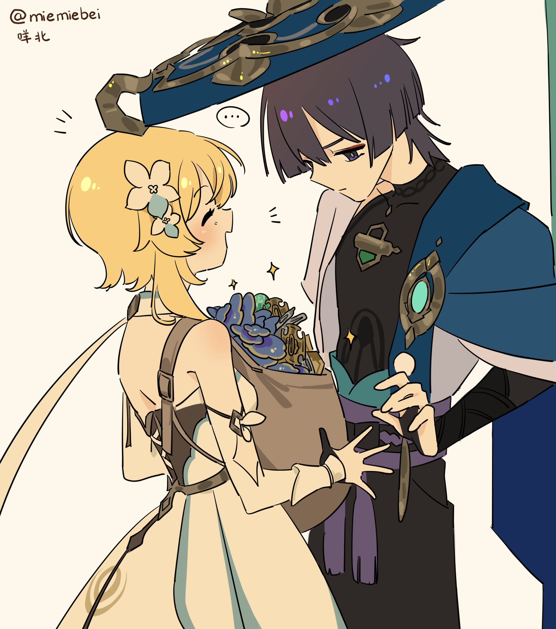 this is a digital fan art illustration of the genshin impact characters venti and scaramouche. venti is a young woman with blonde hair and a yellow dress, while scaramouche is a young man with purple hair wearing a blue and black outfit with a hat. venti is holding a bag full of flowers and smiling at scaramouche, who is looking at her with a gentle smile. the art style is cute and whimsical, and the background is a simple white.