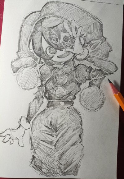 a pencil drawing of a girl in an anime style. she is wearing a hat with a big brim and her hair is long and wavy. she has large eyes and a sweet expression on her face. she is wearing a jacket and trousers and her hands are in a pose, one covering her face and the other with her fingers pointing. the drawing is very detailed and the artist has used shading to give the characters depth. it's a drawing of a girl, with details to her clothes, a hat, her expression. the artist has used lines and shades to create a good effect for a pencil drawing.