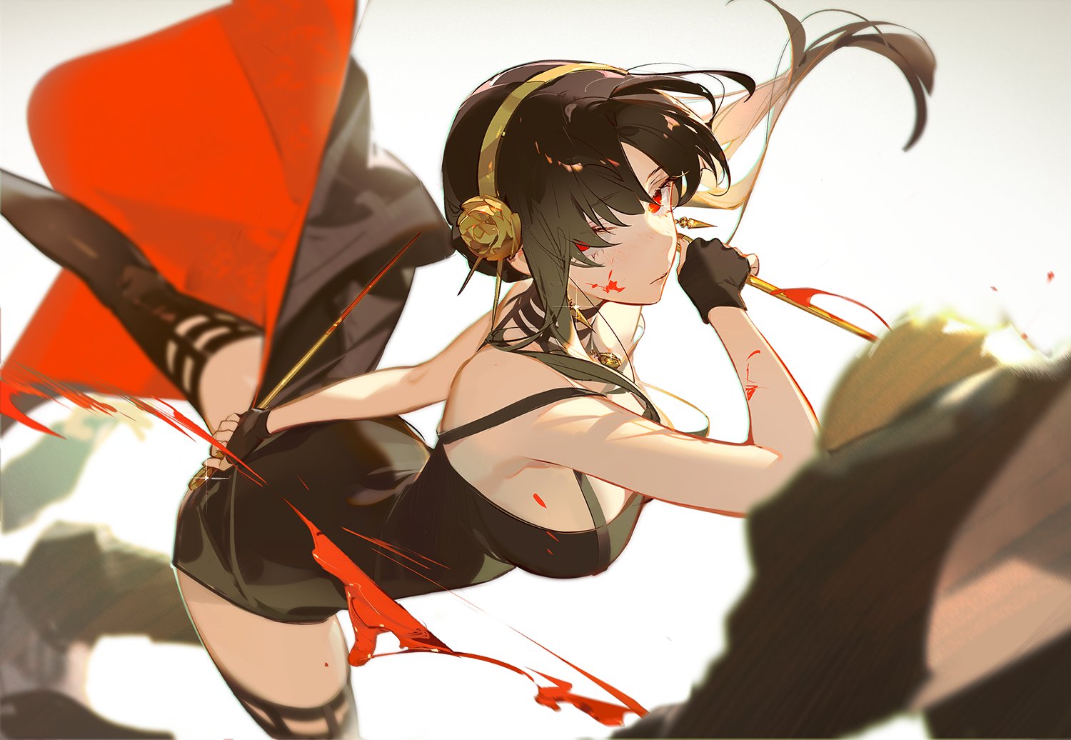 the image depicts an animestyle illustration of yor forger from spy x family. she is shown in a dynamic pose, wearing her signature black assassin dress and gloves. she has red eyes and a gold hair accessory. there's blood splatter on her face and arm. she is holding a stiletto. a red cape is draped behind her. the background is blurred with some shadowy figures.