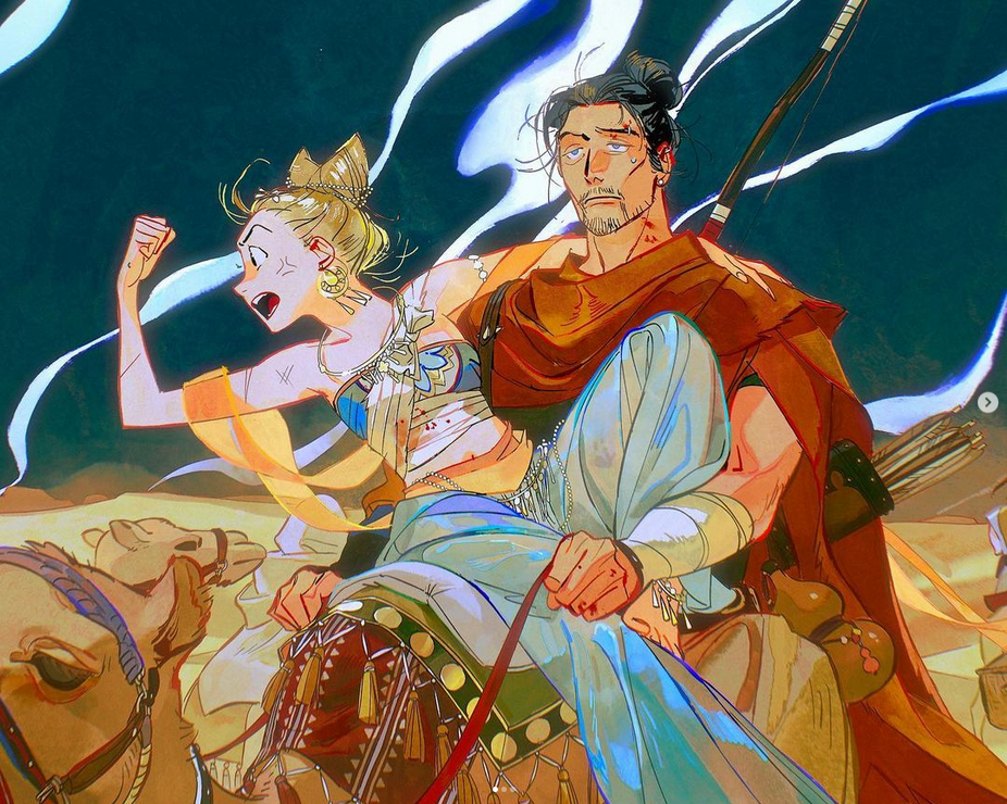 the illustration depicts a couple, a man and a woman, riding a camel through a desert landscape.  the woman, dressed in a blue and orange princesslike costume, is holding onto the man, who is dressed in a brown warrior costume and holding a bow and arrow.
