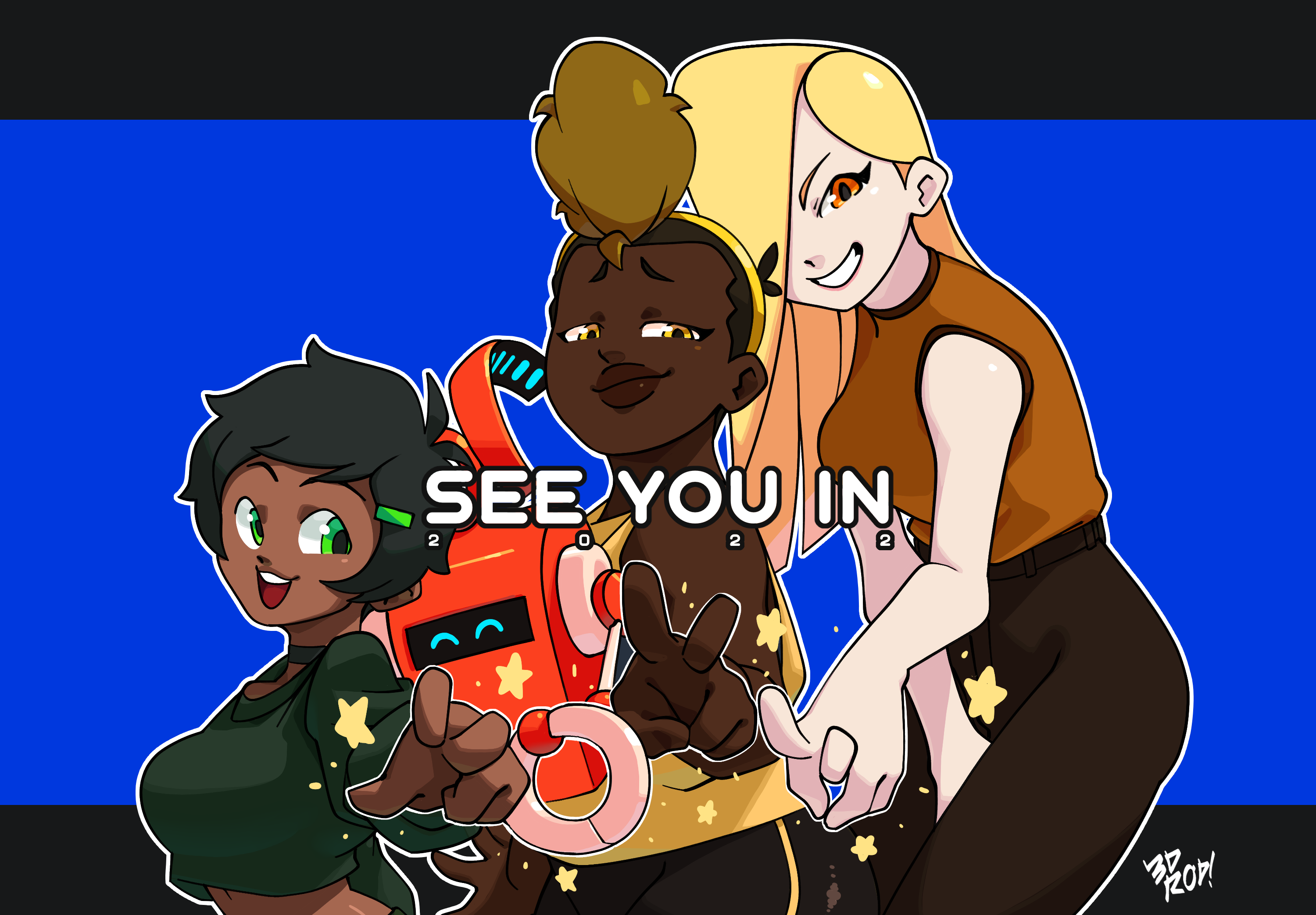 the image is a digital cartoon illustration of three anime characters. two of the characters are women, one with dark skin and a yellow top, and the other with light skin and a brown top. both women have bright, colorful clothes with stars on them. the third character is a robot with red and white coloring and black eyes. the robot is wearing a yellow star on its head. all three characters are smiling and the women are posing with their arms out. all three characters are standing on a blue background. the phrase "see you in 2022" is written in a comic sans font in the middle of the image.