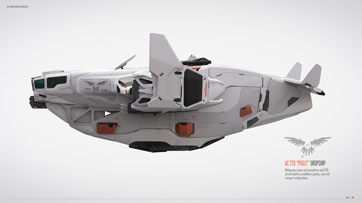 a futuristic dropship with a white exterior and orange details. the ship has a sleek, aerodynamic design and is equipped with multiple engines, wings, and landing gear. it's identified as "stf 426" and "ac 270 "piglet". the ship appears to be hovering in midair against a white background. the name of the taskforce is "taskforce aphelion".