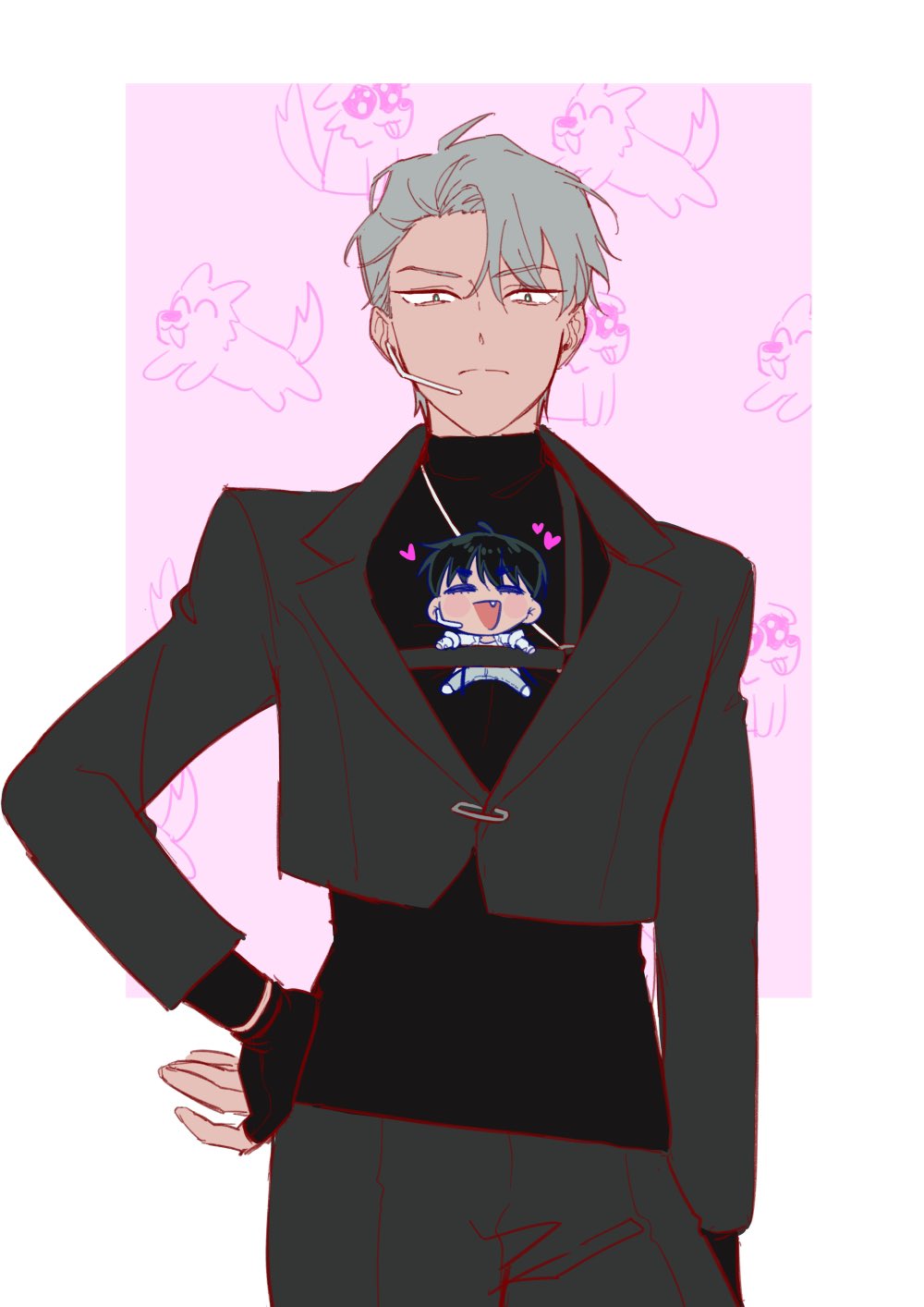 the image is a digital illustration of an anime male character with gray hair, wearing a black jacket with a black shirt underneath. he's wearing black pants and accessories. he is posing with a smile on his face. there are small pink cartoon dogs on a pink background.