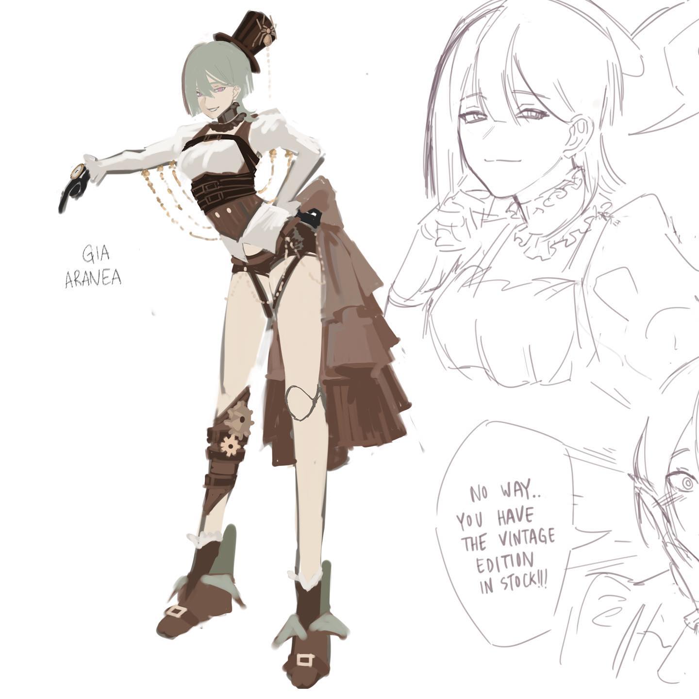 a black and white digital sketch of a female character design in a steampunk style. she is wearing a top hat, corset, and boots with various gears and cogs.  the character has short hair and a confident pose. there are smaller sketches of her head and upper body on the right side of the image, along with a speech bubble that reads, "no way... you have the vintage edition in stock!!".