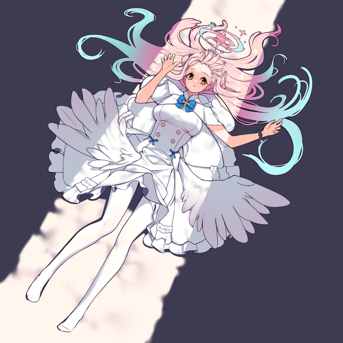 the illustration showcases a young girl, seemingly an angel, gracefully sprawled on her back. her attire consists of a pristine white dress adorned with a blue bow and complemented by white stockings. the focal point of the artwork is undoubtedly her large, feathery wings, spread wide as if in midflight. the girl's vibrant pink hair cascades around her, while a delicate halo rests atop her head. the soft lighting and muted background further enhance the ethereal and dreamlike quality of the artwork.
