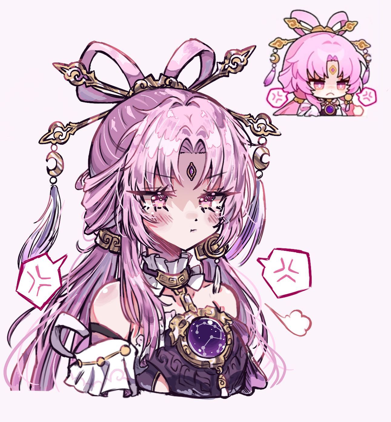 the image is a digital drawing or fanart of an animestyle female character.  she has long, flowing purple and pink hair styled with elaborate ornate accessories that appear to be inspired by traditional east asian fashion (possibly chinese or japanese). she's wearing a dark purple and gold outfit with celestial or constellation details on her chest.  the character has an angry or upset expression, shown both on her face and via accompanying thought bubbles. a smaller, chibistyle version of the same character expressing similar anger is shown in a corner of the image. the overall style is cute (kawaii) but with an expression that contrasts with the sweetness of the design. the art style is detailed and soft, using a blend of colors to create depth.