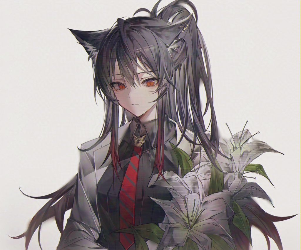 he image shows a closeup portrait of an anime girl with long black hair styled in a high ponytail, adorned with cat ears. she has striking orange eyes and a slightly sad expression. she's dressed in a gray jacket and a red tie, and is holding a bouquet of white lilies. the art style is digital, with soft shading and details that give a melancholic mood. the background is a simple, offwhite that helps focus on the character.