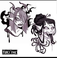 the image showcases two distinct character designs, rendered in black and white, possibly intended as tattoo concepts. the first figure on the left depicts a demon girl with sharp horns, pointed ears, and piercing eyes. her expression is a blend of mischievousness and danger. her hair flows wildly, suggesting movement, and her overall aesthetic leans towards a more western interpretation of demonic figures.the second figure, positioned on the right, draws inspiration from japanese folklore. this oni girl is characterized by her demon horns, sharp teeth, and elongated tongue. she is adorned with a traditional japanese hairstyle and what appears to be a loosely tied garment. her multiple eyes, vacant expression, and the dripping effect from her mouth all contribute to a more unsettling and eerie aura.