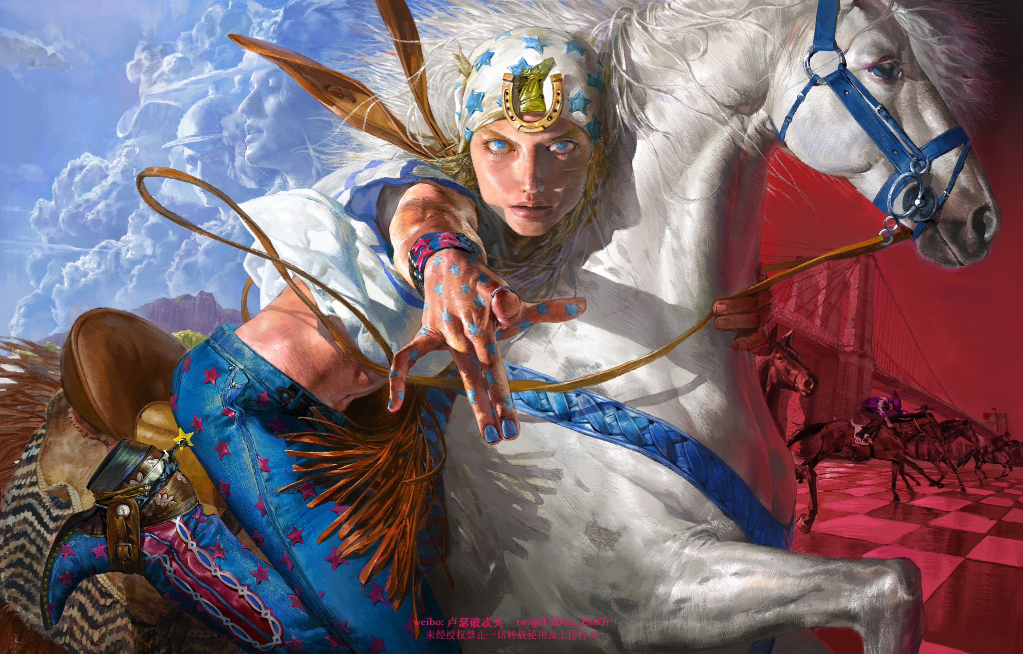 a dynamic digital painting showcasing a stylized character reminiscent of gyro zeppeli from jojo's bizarre adventure.  he's depicted riding a white horse, wearing a starpatterned outfit and bandana, his hand outstretched. the background features a dramatic red and black chessboard pattern with a bridge and a horse race in the distance, adding a sense of movement and competition. the style blends realism with fantastical elements. the overall impression is one of action and power, with strong contrasts in color and composition.