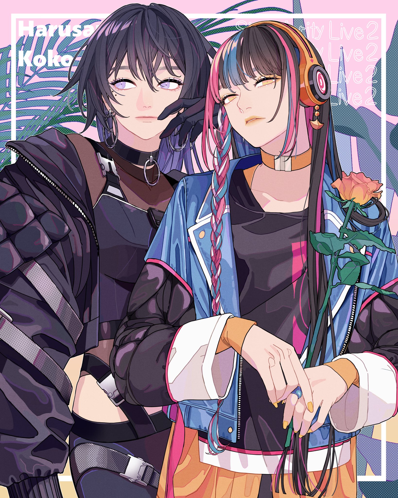 the image depicts two animestyle females in an artistic rendering. the female on the left has black hair, dark purple eyes, earrings, a choker, a black jacket, a harness, gloves, and is showing her midriff. the female on the right has black hair with blue and pink streaks, a blue braid, headphones, a rose, a blue jacket, an orange undershirt, a pink undershirt, a black undershirt, and yellow fingernails. the image also has the words "harusa koko" on the left side and the words "city live 2" on the right side.