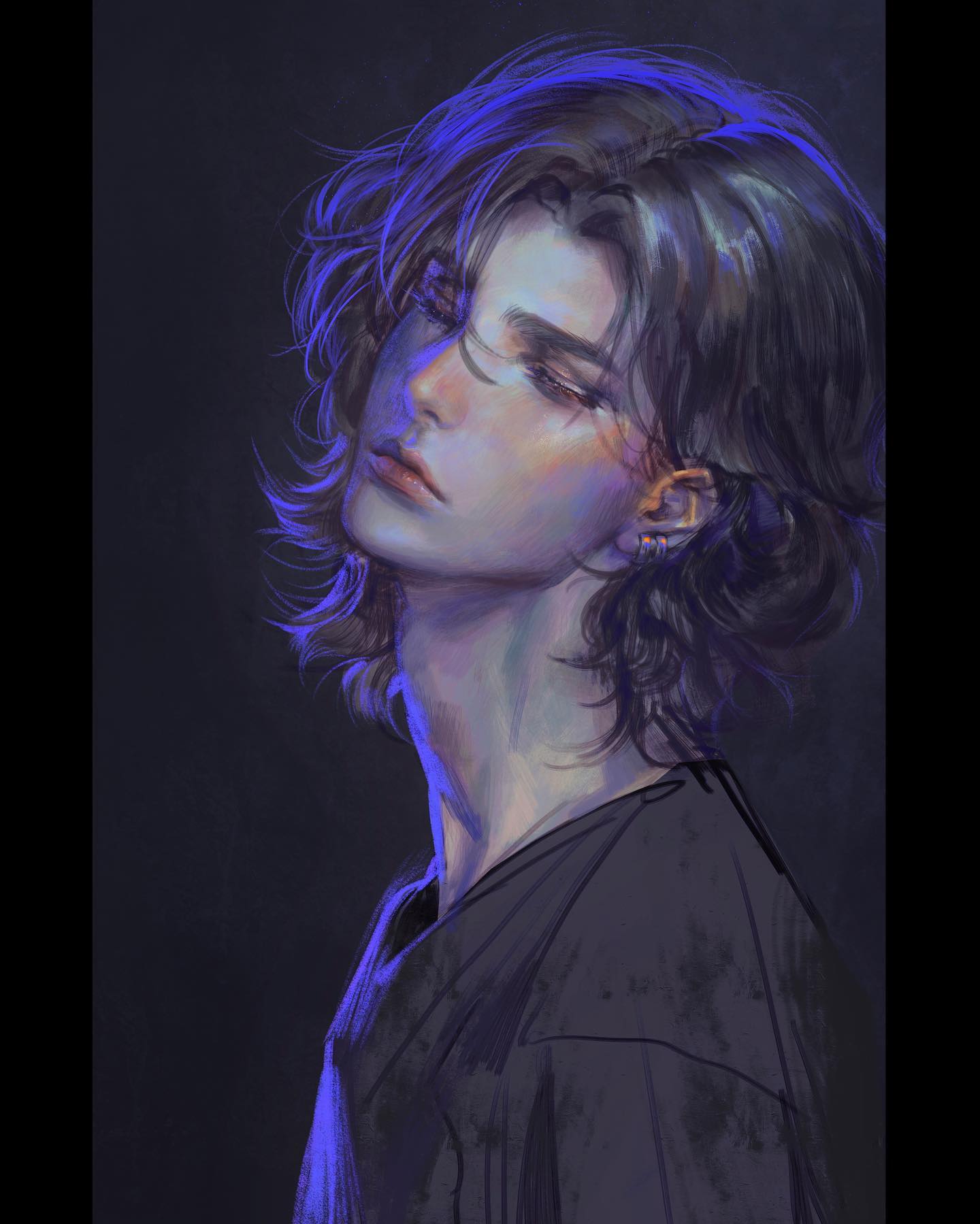 a digital painting of a young man with long, dark hair and striking features. he is bathed in blue light, giving his skin a cool, otherworldly tone. the background is dark and undefined, focusing the attention on the subject's melancholic expression.  his long hair and delicate features lend an androgynous quality to his appearance.