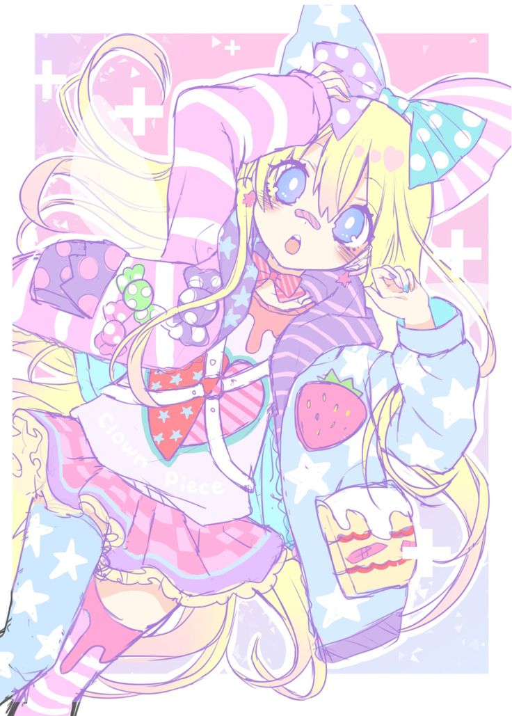 a cute anime girl with blonde hair is wearing a pastel pink and blue striped jacket with stars and a strawberry on it. she has a pink and white skirt and a bow in her hair, along with other pastel accessories. the girl is smiling and seems happy, standing on a pastel pink and white background. the art style is cartoonlike and uses bright, vibrant colors.