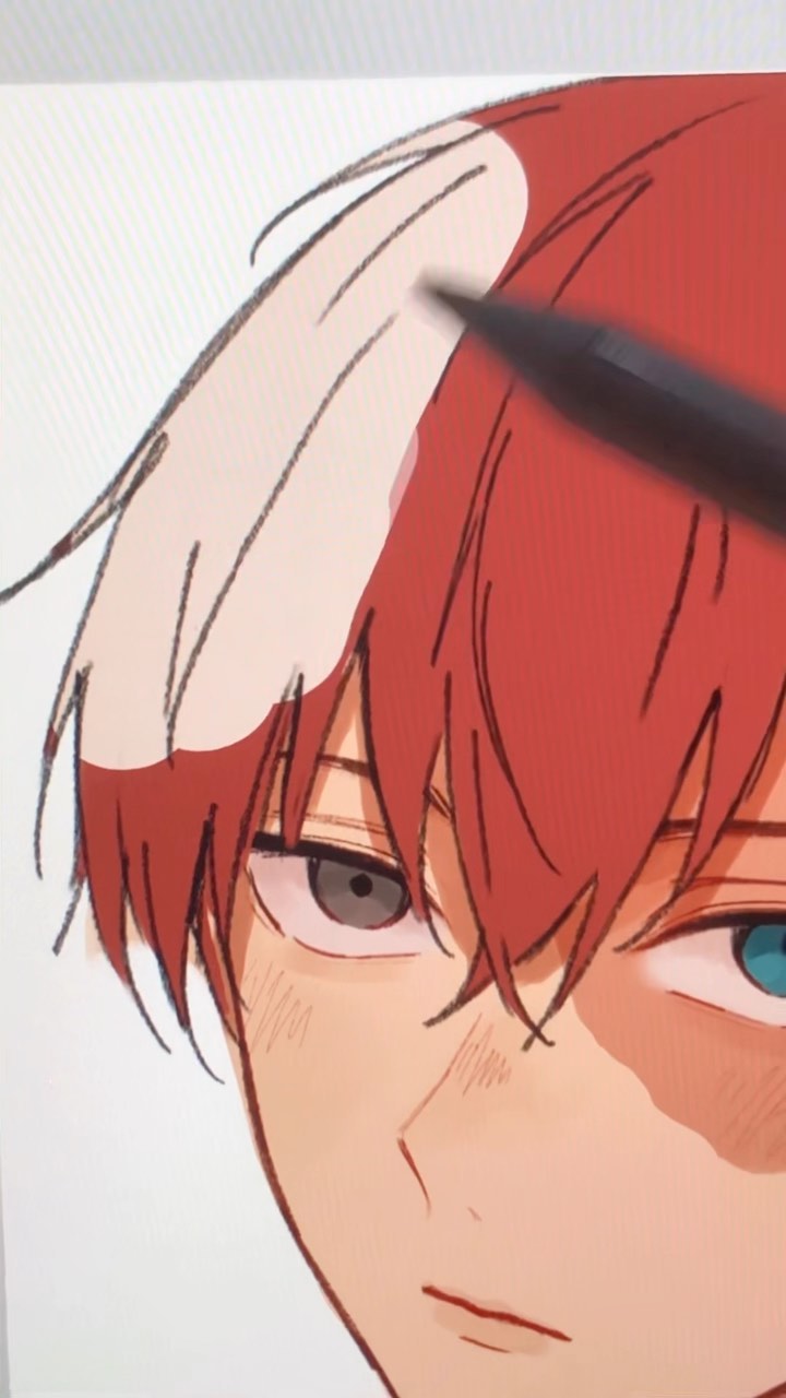 the image shows a closeup, digital drawing in progress of shoto todoroki from my hero academia. the artist is using a digital pen to add detail to his hair, specifically the strands of his red and white hair.  the drawing is in a soft, somewhat pastel style.  the focus is on the character’s face and hair, with only a portion of his neck visible. the character’s heterochromia iridum (different colored eyes) is clearly visible. the drawing is beautifully rendered with attention to detail in the hair and skin shading.