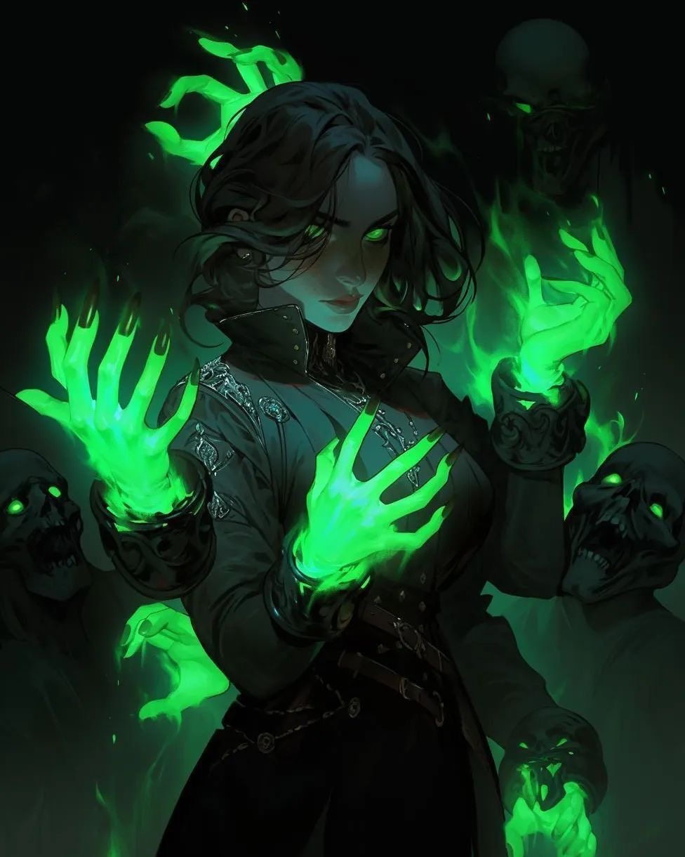 a woman with dark hair and glowing green eyes is standing in the middle of the image. she is surrounded by glowing green hands, and there are skulls and other undead creatures in the background. the scene is dark and mysterious, and it suggests that the woman is a powerful witch.