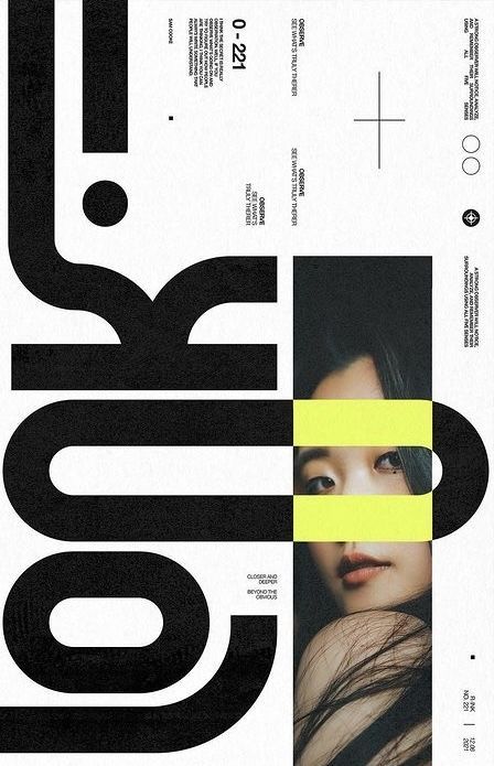 the image is a poster featuring a black and white graphic design with a portrait of a woman integrated into the design. the word "look" is formed by thick black lines, intersecting with the woman's face, which is bisected by a bright yellow band. smaller text elements and geometric shapes are scattered throughout the design.