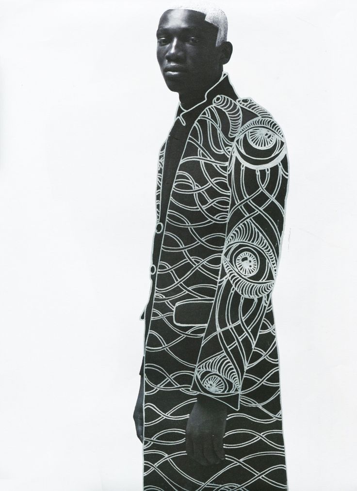 a black and white image of a male model wearing a long coat with a striking graphic design. the design features intricate lines and repeating eye motifs, giving a surreal and artistic feel. the model stands in a threequarter profile view, his expression is serious and contemplative. the background is plain white, drawing focus to the model and his unique outfit.  the overall style suggests high fashion and artistic collaboration.  the image is likely a digitally manipulated photograph or a carefully constructed collage.