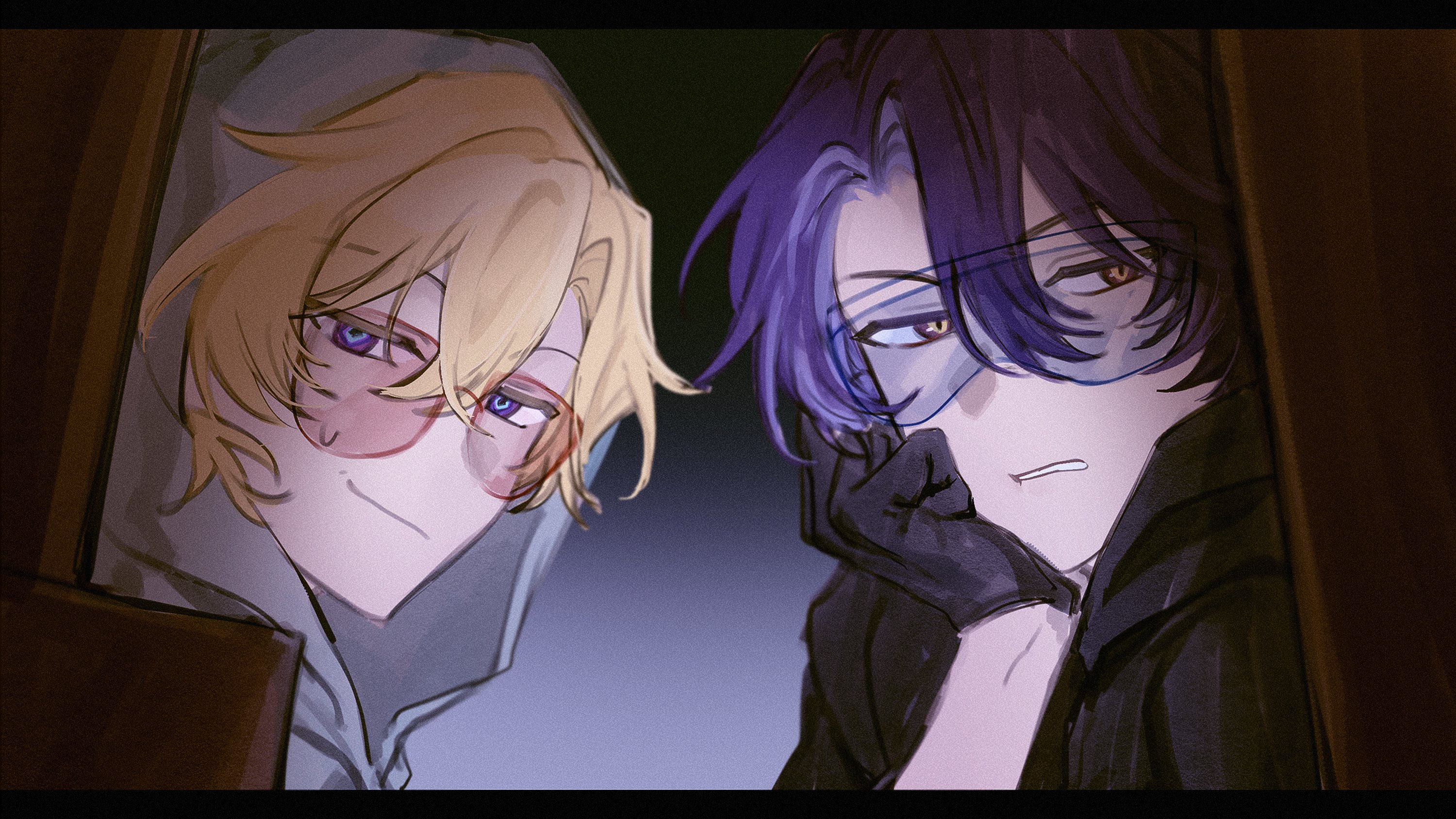 the image is a digital drawing in an anime/manga style depicting two male characters in close proximity. the character on the left has blond hair and is partially obscured by a lightcolored hood, wearing round glasses. he has a somewhat sly or pensive expression.  the character on the right has dark purple hair and is wearing dark clothing and goggles or a mask covering part of his face.  he has a more serious and guarded expression. both characters' eyes are prominent and expressive. the overall atmosphere is dark, mysterious, and suggests a secretive or conspiratorial mood. the background is mostly obscured in shadow. the artwork is highly detailed and shows a skill in rendering expressions and hair.