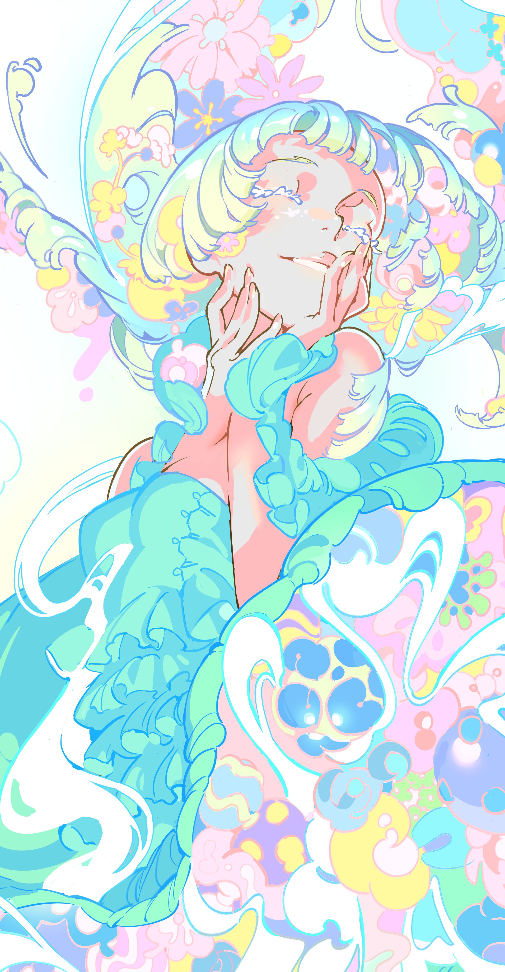 the image showcases a girl in a flowing, stylized dress, adorned with floral patterns. the background complements the girl's attire with a vibrant array of flowers and abstract shapes. the overall aesthetic exudes a whimsical and ethereal quality.
