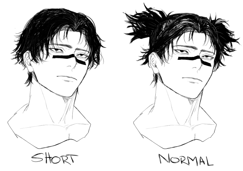 this image shows a comparison between two styles of anime hair: short hair and long hair. the character on the left has short hair that is neatly styled, while the character on the right has long hair that is styled in a more messy, disheveled manner. the character with short hair is labeled "short" and the character with long hair is labeled "normal." the two characters are drawn in a simple, black and white sketch style.