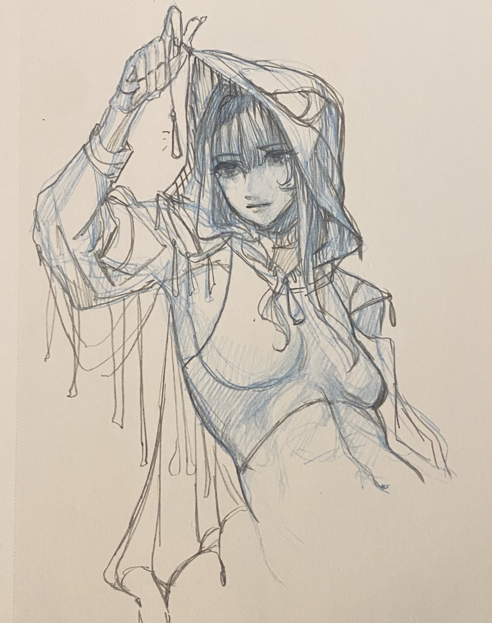a handdrawn illustration of a female anime character in a hooded cloak. she is reaching her hand up to hold the hood of her cloak, with her other hand behind her.  her long hair flows out from under the hood, with bangs covering her forehead. she has large eyes with a serious expression and her lips are slightly parted. the image is rendered in pencil and blue pen and depicts a stylised, fantastical figure in an elegant and mysterious pose.